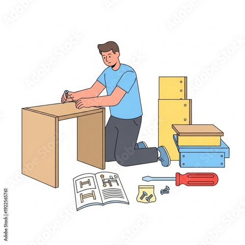 Man assembling flat-pack furniture using tools and instructions  