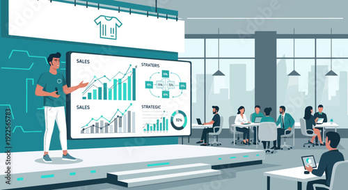 Man presenting data analytics on a large screen in a modern office.