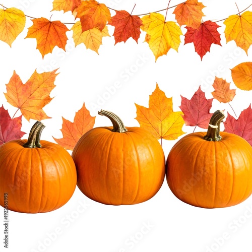 Three pumpkins with autumn leaves on white background