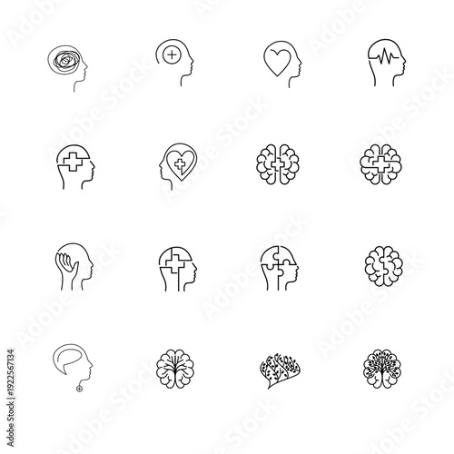 Mental Health, Brain Function, and Emotional Well-being Line Art Icons Set
