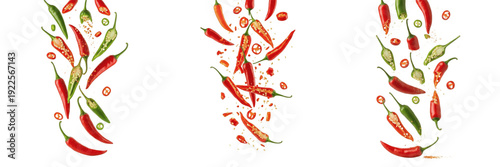 Set of Falling Red and Green Chili Peppers - Spicy Hot Chili Clipart with Transparent Background PNG