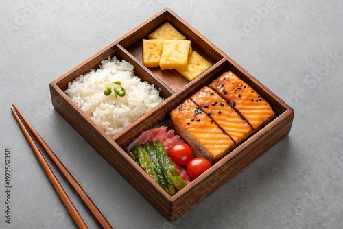 Grilled salmon bento box experience japan culinary art traditional setting perspective on japanese cuisine with tamagoyaki umeboshi and pickled vegetables