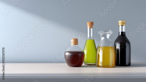 Wallpaper Mural A Stylish Arrangement of Diverse Bottles with Various Liquids on a Wooden Shelf Against a Soft Light Background in a Modern Kitchen Setting Torontodigital.ca