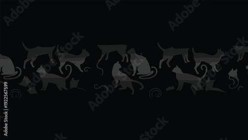 Black Cat Silhouette Seamless Horizontal Pattern, Mysterious Feline Poses, Artistic Animal Border Design for Halloween, Pet Lovers, and Minimalist Graphic Decor.