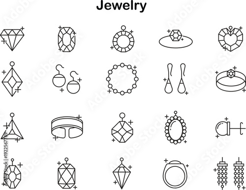 Collection of 20 elegant minimalist line icons featuring various sparkling gemstone jewelry pieces including rings, necklaces, and earrings.