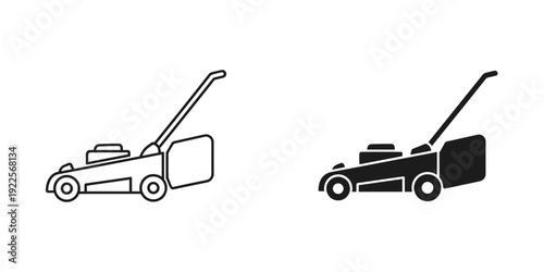 Black and white lawn mower side view illustration isolated on white background minimalist gardening equipment vector