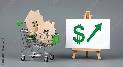 Real Estate Inflation: Wooden houses in shopping cart next to dollar sign and rising green arrow, housing market price increase, property investment cost, economic growth concept