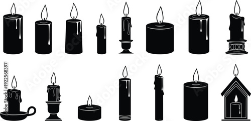 Black Silhouette Candle Icon Set, Melting Wax Drips, Tealights, Candelabra, and Lantern Symbols for Memorial, Religious Vigil, Relaxation, and Holiday Celebrations.