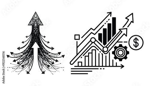 Growth and financial success illustrated with arrows charts and a dollar sign