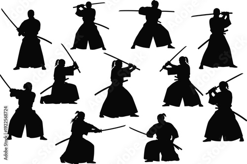 Black silhouettes of people in traditional Japanese martial arts attire practicing sword fighting poses