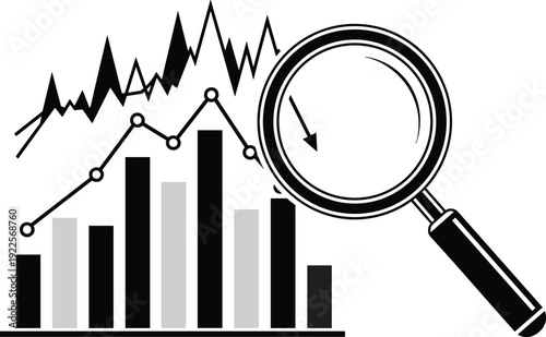 Black and white financial data analysis illustration featuring bar charts line graphs and magnifying glass for business market research stock forecasting and economic growth