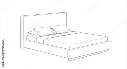 Black and white line drawing of bed with headboard, pillows, mattress, blanket, minimalistic furniture design vector illustration for interior planning and catalog use