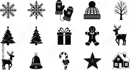 Collection of black and white Christmas and winter holiday icons snowflake tree