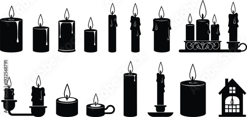 Black Silhouette Candle Icons Set with Melting Wax, Tealights, Candelabras, and Lanterns for Memorial, Relaxation, Religious Vigil, and Holiday Celebration.