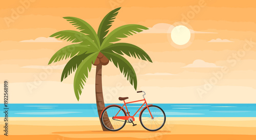 Bicycle resting against a palm tree on a sandy beach.
