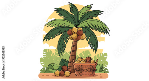 Coconut palm tree with coconuts and a basket of harvested coconuts.