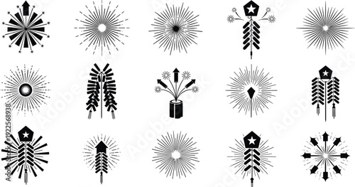 Collection of black and white graphic icons depicting fireworks and firecrackers
