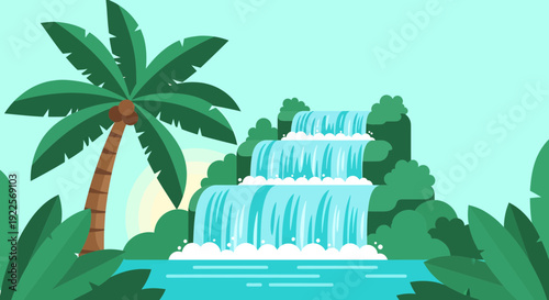 Lush Tropical Waterfall with Palm Tree and Exotic Foliage.