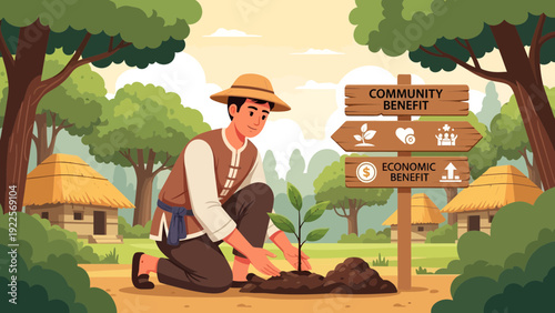 Man in straw hat planting a small tree seedling in the ground.