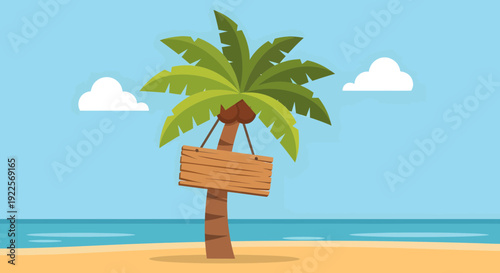 Palm tree with wooden sign on a sandy beach.