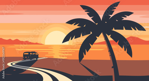 Palm tree silhouette against a vibrant sunset over the ocean.