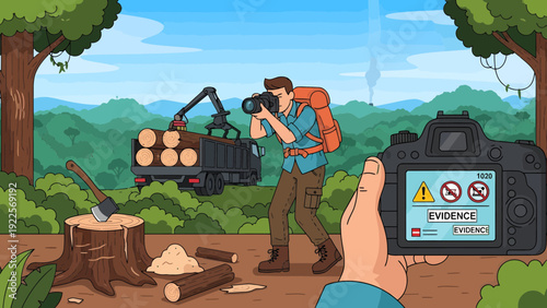 Photographer capturing evidence of illegal logging in a forest.