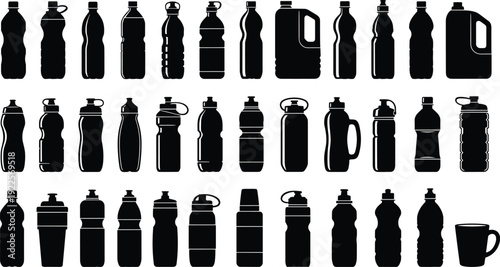 Collection of black silhouette water bottles jugs and mug on white background plastic bottle