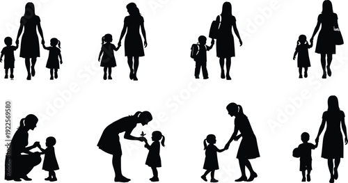 Collection of black silhouettes of mothers and children in various poses and activities