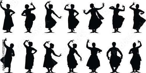 Collection of Indian Classical Dancers Silhouettes in Various Poses Indian dance