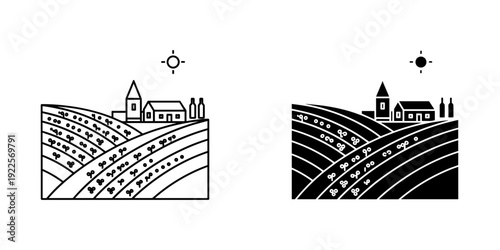 Stadium seating perspective illustration with church and cityscape in minimalist line art and dark mode design