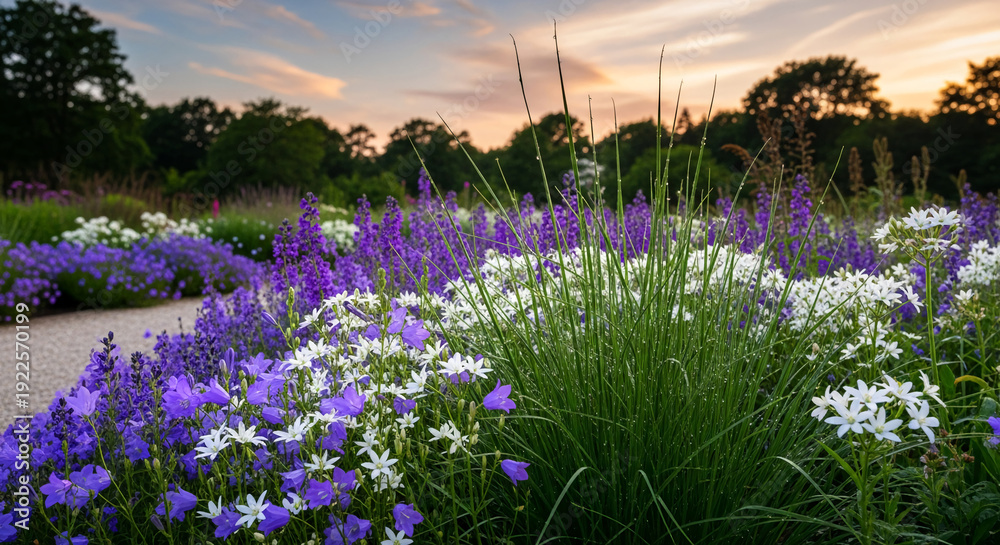 Obraz premium Outdoor image of vibrant purple and white flowers in a garden, representing natural beauty and tranquility, perfect for nature or landscape concepts