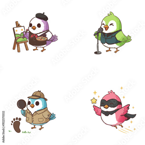 Vector set of cute bird characters, artist, singer, detective, and superhero