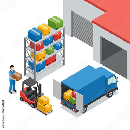 Isometric view of a warehouse with a worker, forklift, and delivery truck.