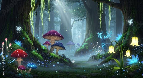 Fantasy atmosphere filled with mystical creatures. A lush magical forest with toadstools and bioluminescent glowing plants