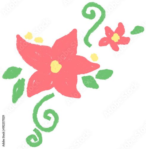 Playful hand drawn red decorative flower with green leaves and swirl accents in textured crayon style. Isolated floral element perfect for kids design, summer themes, invitations, even tatto