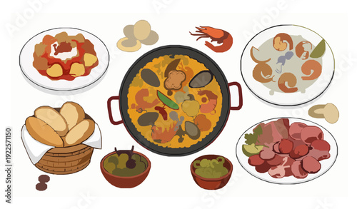 Cartoon Spanish Food Vector Collection with Paella and Tapas