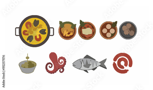 Minimalist Spanish Cuisine Vector Icons with Paella and Tapas