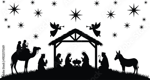 Black and white silhouette illustration of nativity scene with stable, baby Jesus, Mary, Joseph, angels, wise men, shepherd, donkey, and starry sky symbolizing Christmas tradition