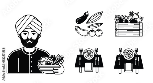 Flat lay illustration of a man in traditional attire holding a bowl of food alongside various food icons on a white background.