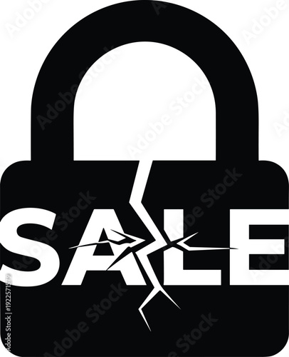 Black padlock silhouette with broken cracked effect and sale text vector illustration representing price drops, unlocked discounts, retail savings, and commercial promotion marketing concepts.