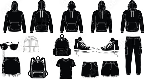 Black silhouette icons of casual fashion items, hoodie variations, backpacks, sneakers, pants, skirt, t‑shirt, shorts, beanie, sunglasses, lifestyle apparel vector illustration