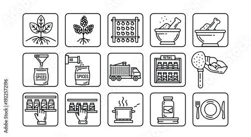 Black and white graphic illustrations of various food and agriculture icons in a flat lay composition against a clean white background.
