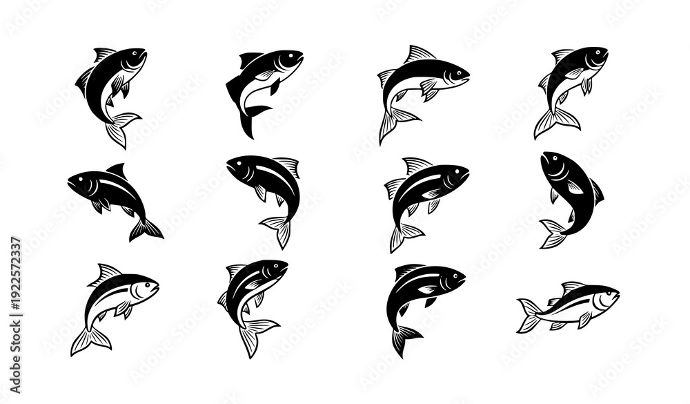 Obraz premium Minimal leaping fish silhouette icon pack vector