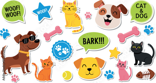 Cute dog and cat cartoon stickers with speech bubbles paws bones and pet elements vector set