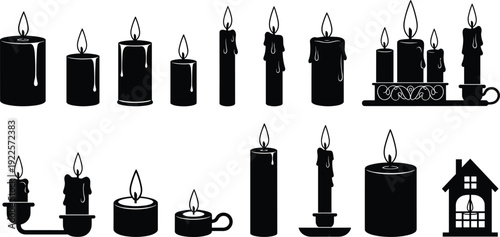 Large Set of Black Candle Silhouettes with Melting Wax and Flames, Decorative Votive, Taper, and Pillar Candles for Relaxation, Romance,