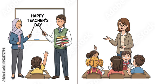 Teachers educating diverse students in separate classroom scenes, one presenting at whiteboard, another reading to group.