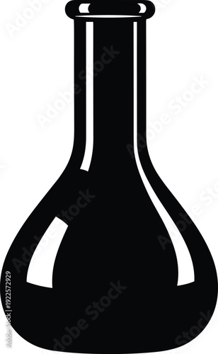 Black silhouette illustration of Erlenmeyer laboratory flask with narrow neck and conical base, vector artwork symbolizing chemistry, biology, science experiments, and laboratory equipment themes