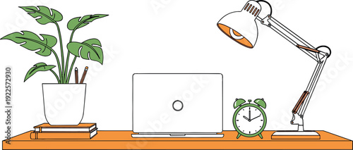 Modern home office workspace with laptop, desk lamp, clock, books, and plant, clean minimal interior desk setup vector illustration