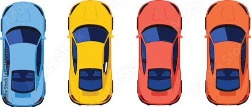 Top view car set in different colors, modern automobile silhouettes from above, flat transportation vector illustration for traffic, parking, and mobility design