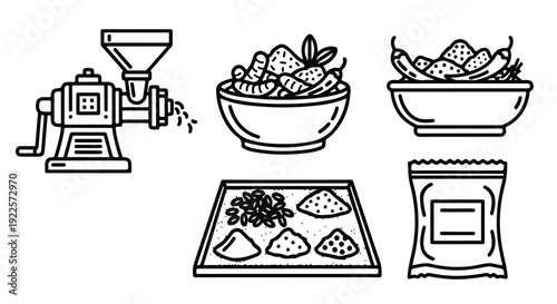 Black and white line drawing of coffee processing equipment and coffee beans on a tray with a bag, in a minimalist style against a clean white background.